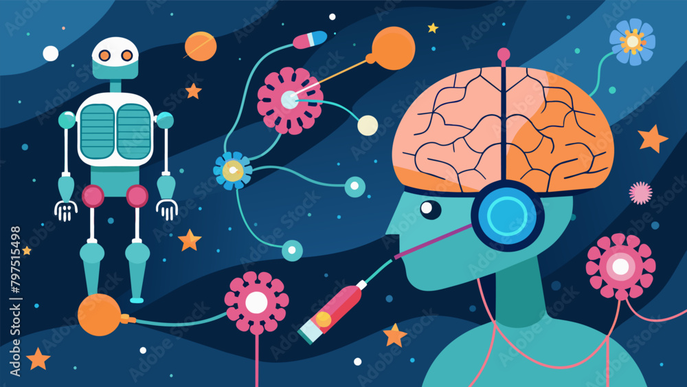 Aufkleber an artful depiction of nanobots repairing the intricate and delicate network of neural connections i
