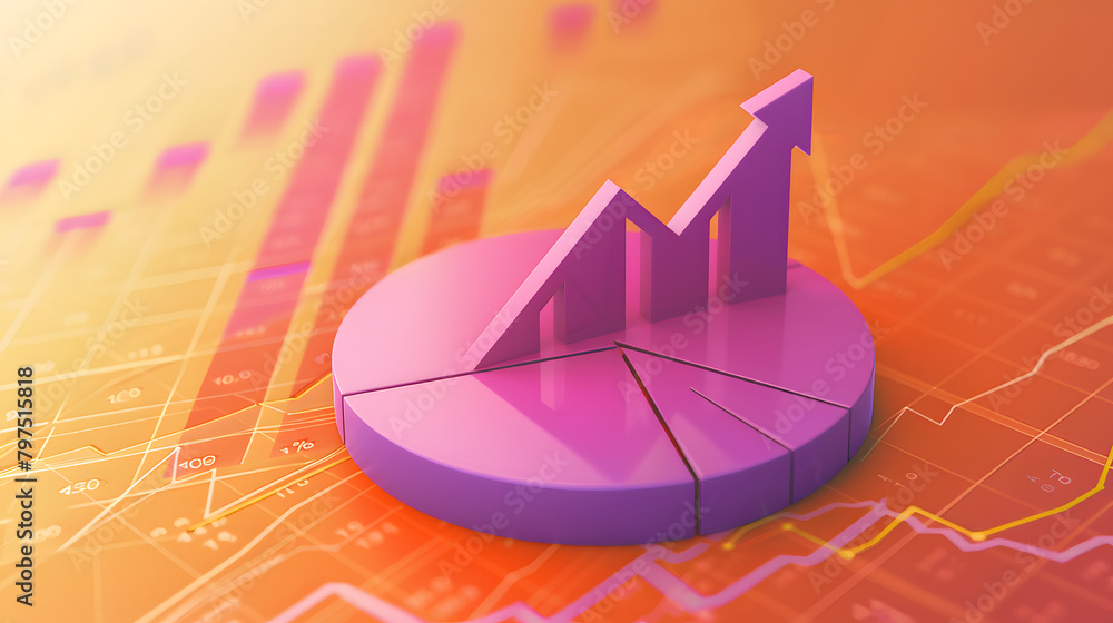 Poster a purple arrow moving upwards on a climbing pie chart. with the background illustrating numerous tab