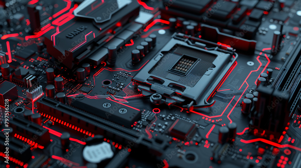Poster a close-up of a computer's motherboard with red lights. concept of technology and innovation, as wel