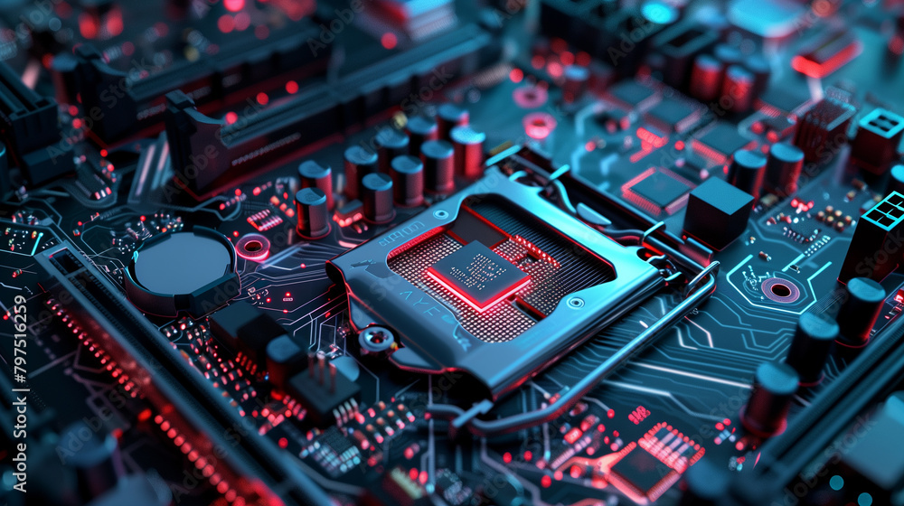 Poster a close-up of a computer's motherboard with red lights. concept of technology and innovation, as wel
