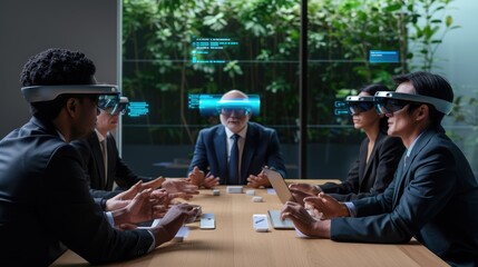Skilled business people wearing VR glasses while planning strategy. Skilled project manager analyzing marketing data while talking and checking at financial plan.Technology innovation concept. AIG42.
