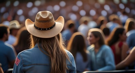 Back view of a young american woman fan of country music attending a country music concert wearing...