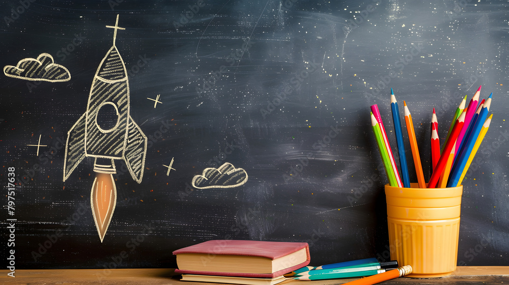 Poster a rocket drawn on the chalkboard with colored pencils and books placed next to it. set against an em