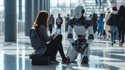 A woman and a robot are sitting at a table, sharing a leisurely conversation, while having fun at an art event. AIG41