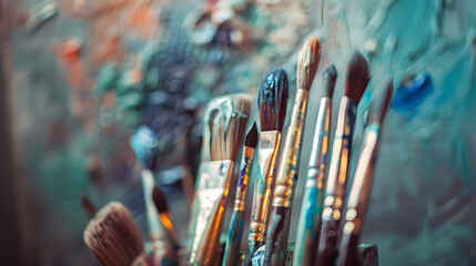 Fototapeta premium A row of paintbrushes on the easel. signifying creativity and artistry. The surroundings are blurred