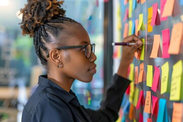African American Agile Worker Using Kanban Sticky Notes