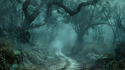 Dark forest pathway, Mist enveloping ancient trees, Eerie and inviting, Area for copy