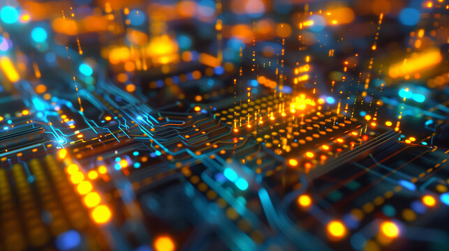 a network of interconnected chips in a data center, powering cloud computing and big data analytics with parallel processing and high bandwidth.