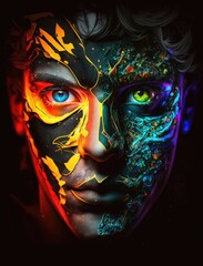 A portrait neon-infused portrait of a person with a glowing, abstract mask and neon-colored eyes, set against a dark, abstract background