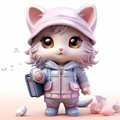 Cute cartoon cat in winter clothes with backpack. 3D rendering. - obrazy, fototapety, plakaty