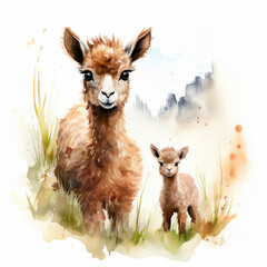 Fototapeta premium Watercolor Alpaca and Calf in Nature: A Serene Family Portrait