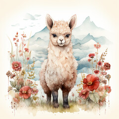 Fototapeta premium Watercolor Alpaca Amidst Blooming Flowers and Mountain Landscape