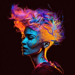 A closeup neon-infused portrait of a person with abstract, neon shapes surrounding their head, and glowing, neon-colored hair, AI Generative