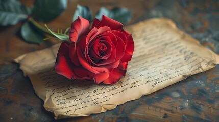 A romantic scene with a red rose gently placed on a vintage love letter