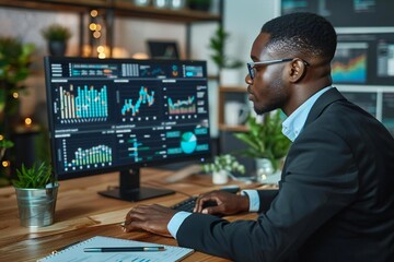 African finance analyst using computer data screen technology - obrazy, fototapety, plakaty