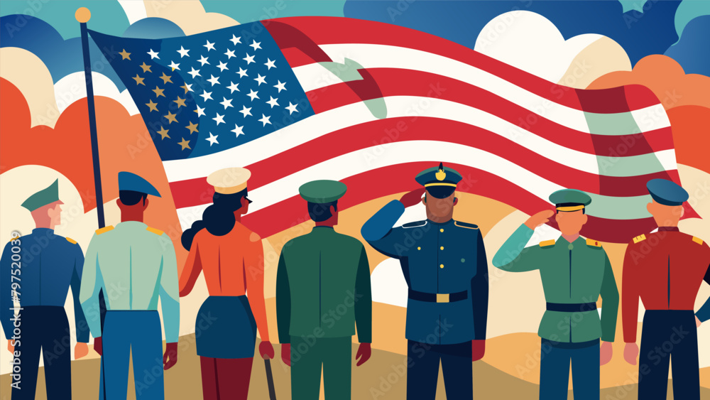 Poster a powerful rendering of a group of veterans standing tall and saluting the american flag surrounded 