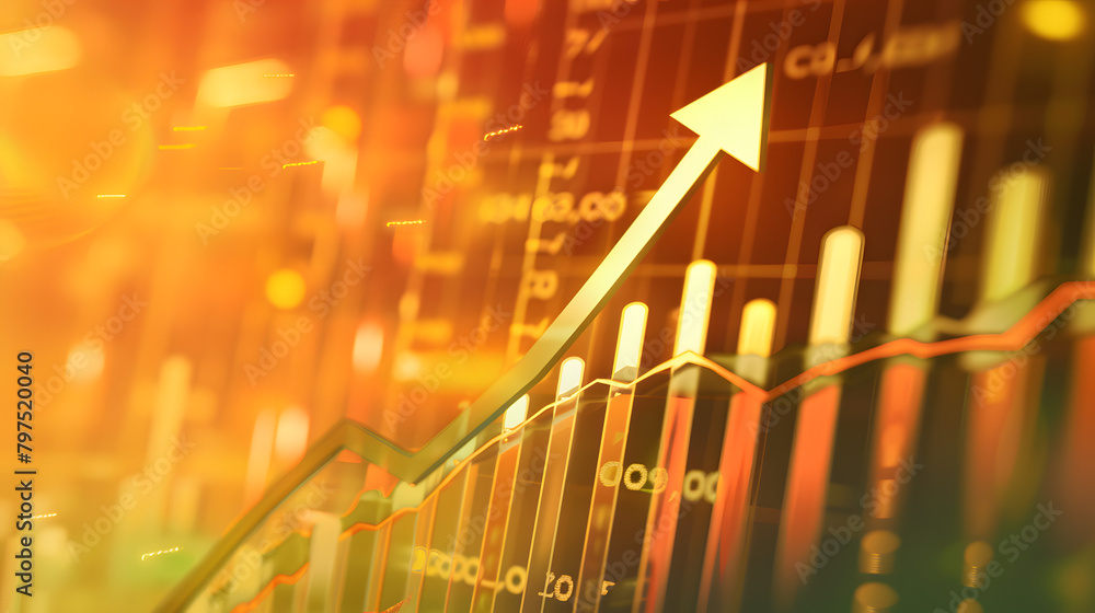 Poster a silver arrow soaring on an upward trending waterfall chart. with the background showcasing diverse