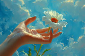 woman hand with blue nails holds a chamomile on blue background - 797520002