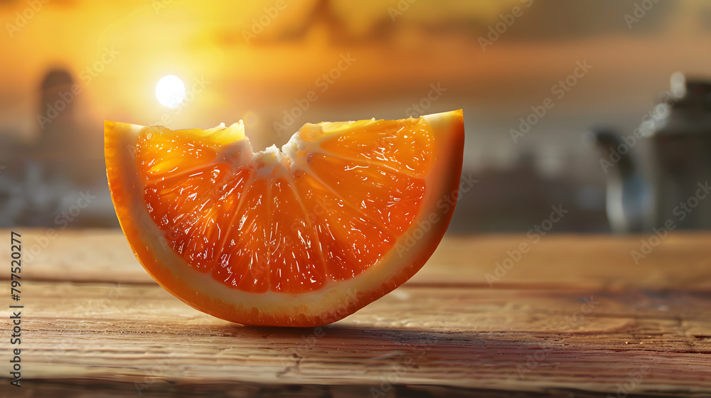 Poster a sliced orange with one segment showcasing an artistic interpretation of a sunrise.