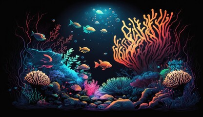 a portrait abstract underwater world with glowing corals and sea creatures, a neon inspired design of a colorful, set against a dark, abstract background