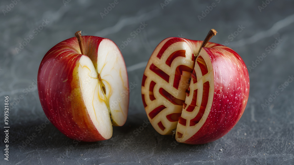 Poster a split apple with one half illustrating a complex labyrinth.