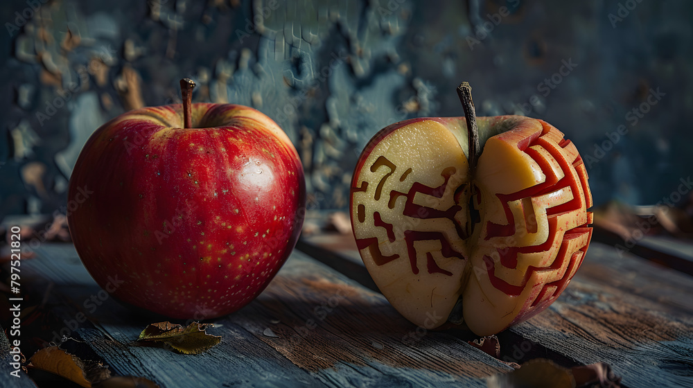 Poster a split apple with one half illustrating a complex labyrinth.