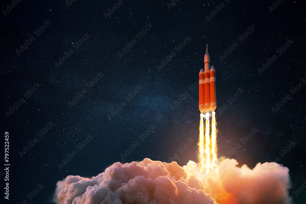 Poster new ship flies to another planet. spaceship takes off into the starry sky. rocket starts into space.