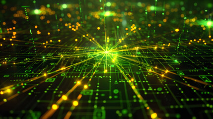 Obraz premium A star-shaped grid of code glows green in the center with yellow arrows pointing out from it to various points on an illuminated 