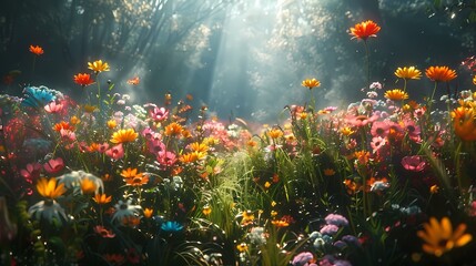 Fototapeta na wymiar A sunlit meadow filled with colorful wildflowers, creating a picturesque scene of natural abundance