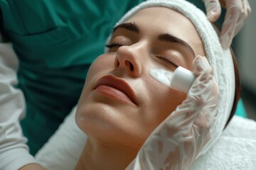 Close up beautician applying anti-aging facial cream to prevent wrinkles in spa salon