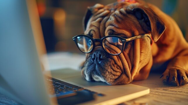 Cute dog wearing glasses using computer at home.