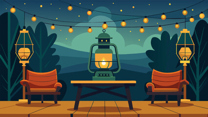 Nostalgic Atmosphere The nostalgic atmosphere of the event is enhanced by vintage lanterns and string lights hanging above the seating area.. Vector illustration - obrazy, fototapety, plakaty
