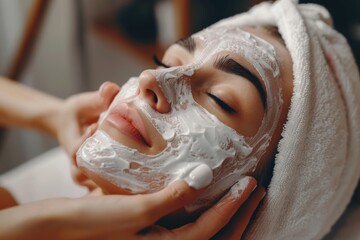 Close up beautician applying anti-aging facial cream to prevent wrinkles and promote beauty