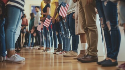 American citizens at polling station on election day ready to vote with us flags in the background