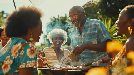 Happy multigenerational family outdoors on garden barbecue, grilling, Activity on holiday at backyard. - Powered by Adobe