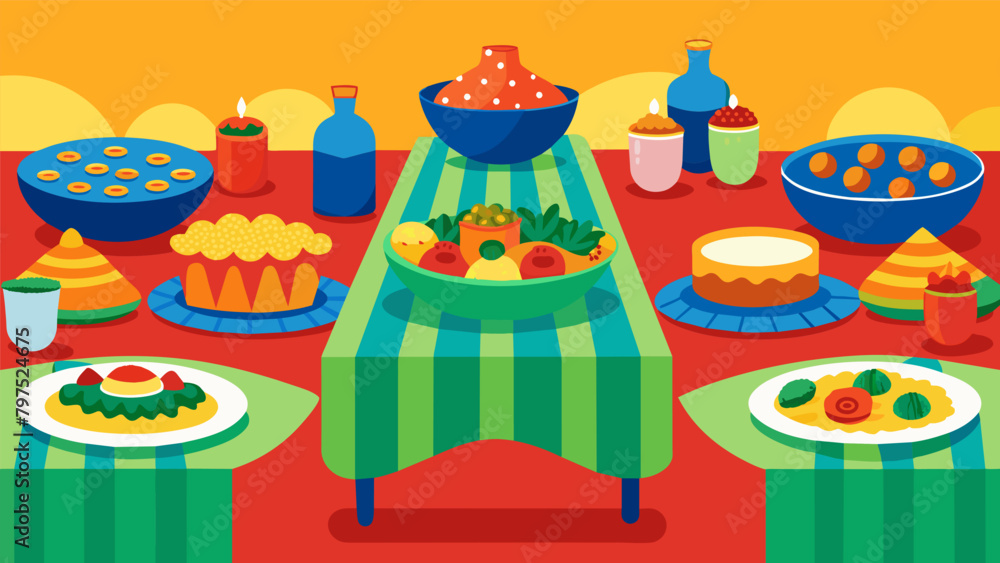 Poster tables adorned with colorful tablecloths and an array of dishes representing the diverse backgrounds