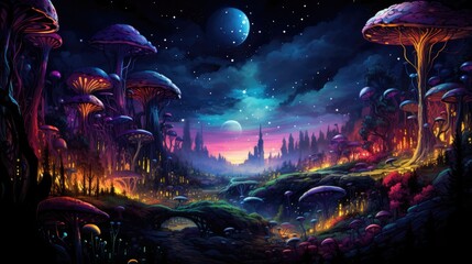 A picture psychedelic journey through a mystical forest, filled with vibrant colors, glowing mushrooms, and ethereal creatures, AI Generative