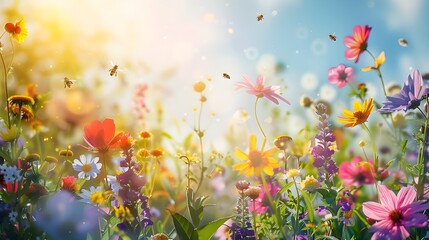Fototapeta na wymiar Lush and Blooming Floral Garden Scene with Buzzing Bees Under Bright Sunny Sky