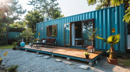Modern shipping container house home in sunny day, sustainable eco-friendly living accommodation