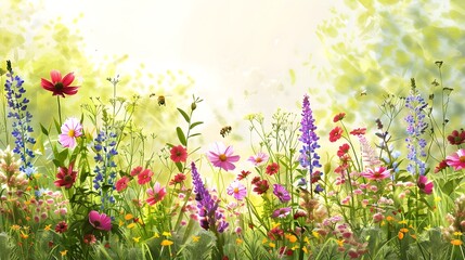 Vibrant Blooming Garden Scene with Buzzing Bees Under Bright Sunny Sky for Botanical