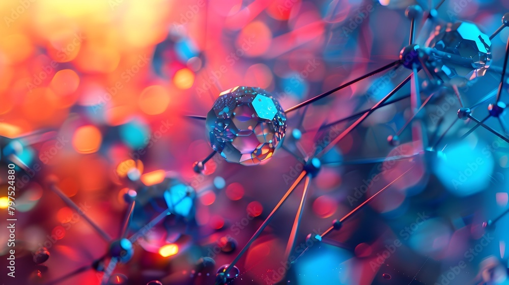 Poster close-up view of a mesmerizing holographic 3d sculpture with interconnected spheres and polygons