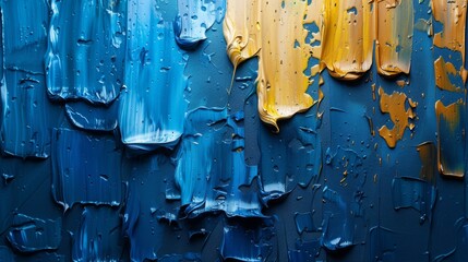 Artwork with a blue background. Colorful and bright texture. Contemporary art. Oil painting on canvas with spots and strokes. Modern art. For wall decor and cover design.