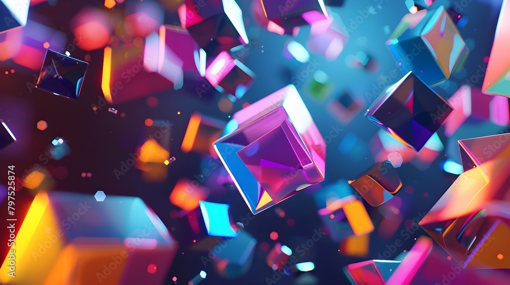 Poster vibrant holographic geometric shapes floating in a dynamic virtual space showcasing futuristic