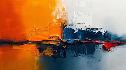 An abstract oil painting with orange, gold, and blue colors.