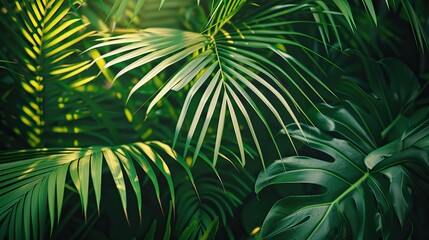 Fototapeta premium Lush green palm leaves creating a vibrant tropical texture, perfect for a natural background
