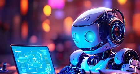 an engaging image of a robot ai assistant offering support depicted with floating gears and a high-tech laptop interface 