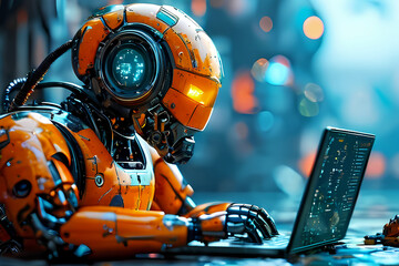 an engaging image of a robot ai assistant offering support depicted with floating gears and a high-tech laptop interface