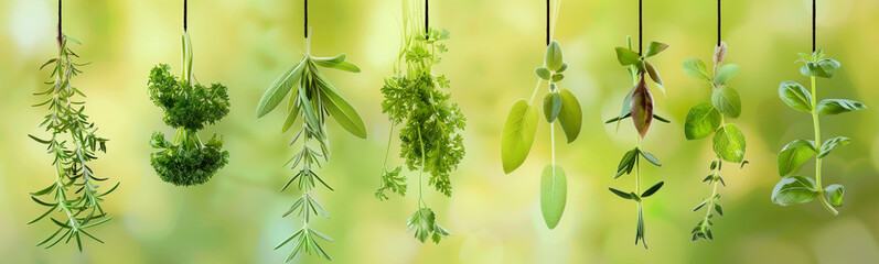 A delightful assortment of culinary herbs including basil, parsley, cilantro, rosemary, and thyme, gracefully suspended in a neat row. The background seamlessly blends from a soothing sage 