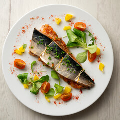 Oven-cooked mackerel stuffed with tomato sauce and vegetables.