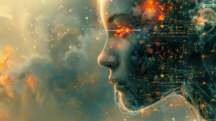 Double exposure photograph of an android robot face technologic background